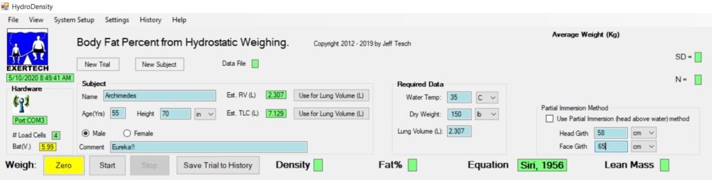 Key in the Subject information & Required Data: Water Temp, Dry Weight & Lung Volume. NOTE: Residual Volume (RV) and Total Lung Capacity (TLC) are automatically estimated from Age & Height.